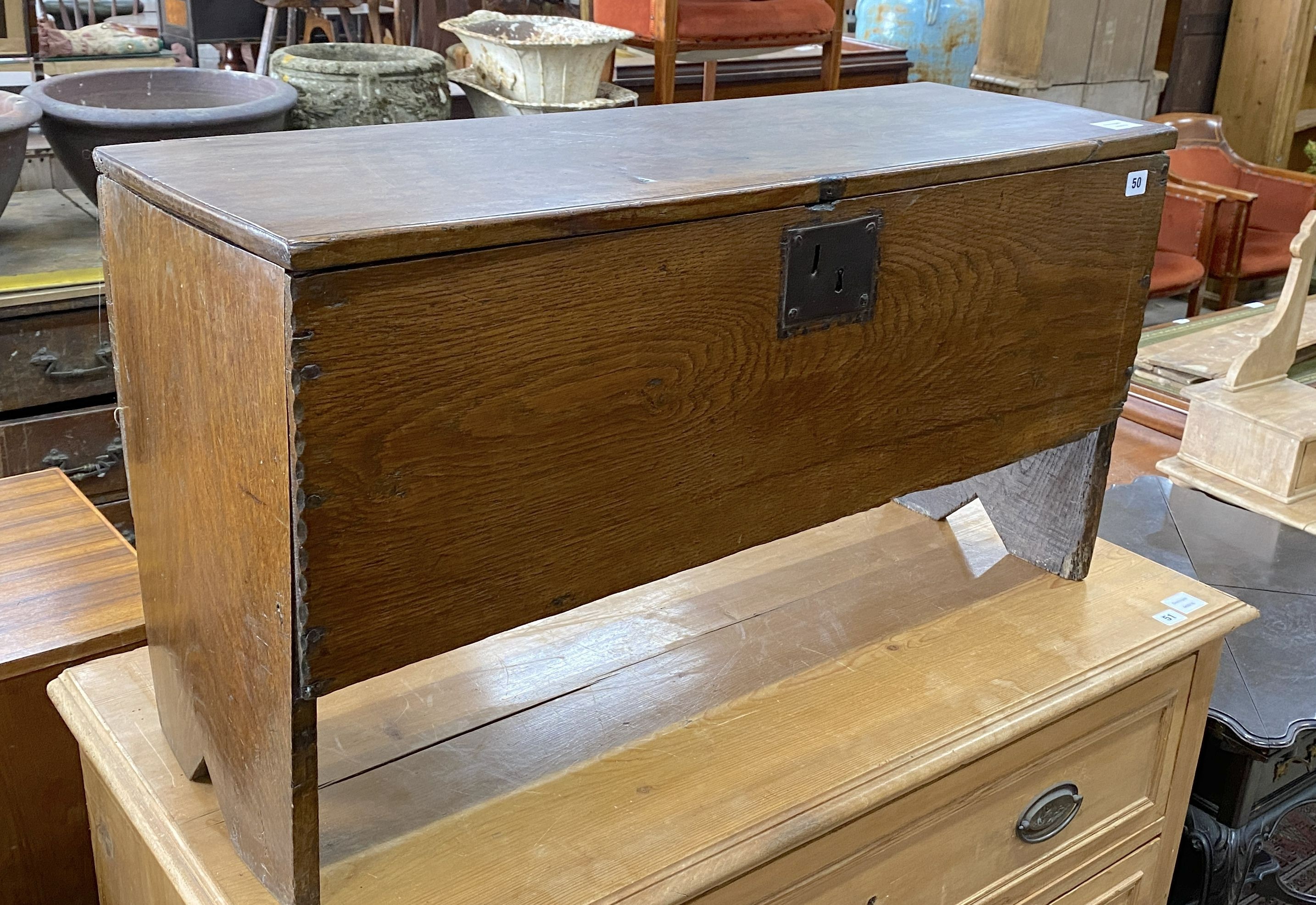 An 18th century oak six plank coffer, length 91cm, depth 32cm, height 50cm